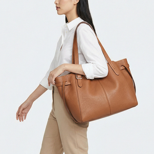 Sac fourre-tout en cuir véritable, couleur unie, fermeture à fermoirs, style minimaliste, usage quotidien, toutes saisons, marron, noir - Product Image 3