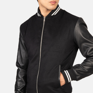 Chaqueta Bomber Casual Ecológica Negra para Hombre, Transpirable, Estilo Urbano, Mangas de Poliéster/Nailon, Cuello Alto de Tela de Lana - Product Image 5