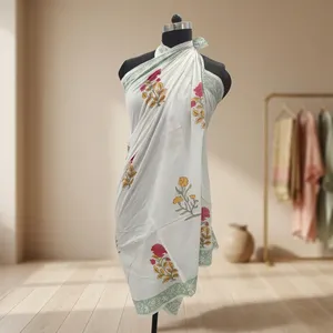 White Floral Hand Block Printed Cotton <b>Sarong</b> Scarf with Mint Green Border Lightweight Beach Wrap Stole for Women - Product Image 2