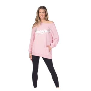 Pink <b>Women's</b> Oversized Off-Shoulder Breathable Lined <b>Sweatshirt</b> Pockets Long Sleeve Knitted Cotton Autumn Casual Wear - Product Image 1