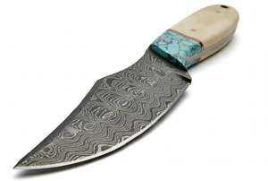 Couteau à lame large, manche pleine en pierre turquoise et os, pour le traitement sur le terrain, en acier Damas fixe de précision. - Product Image 5