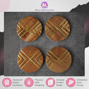 Latest Stock Arrival Best in Supplying Tableware Round <b>Glass</b> and Cups Holding Acacia Wooden <b>Coasters</b> with Brass Inlay Work - Product Image 5