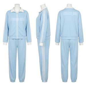 Ensemble de survêtement bleu clair 2 pièces pour femme, veste zippée à col montant, pantalon à rayures avec imprimé lettres, tenue sportive décontractée - Product Image 1