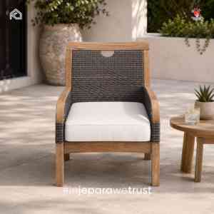 Silla Lounge de Ratán y Madera de Teca para Exterior con Cojín para Patio, Jardín, Hotel, Villa - Product Image 1