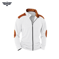 Veste pull-over en velours côtelé blanc pour homme, col montant, empiècements marron aux coudes, color block, décontractée, respirante, automne, 300g