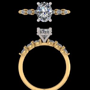 Anillo de Compromiso con Diamante de Corte Ovalado y Piedras Laterales en Forma de Pera, Oro Amarillo de 18k, Anillo de Boda Solitario de Dos Tonos, Joyería Nupcial - Product Image 2