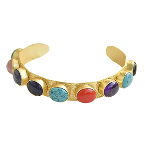 Gold Plated Geometric Cuff <b>Bracelet</b> with Natural Stone Inlay Bohemia Style Unisex Handmade Jewelry Gift Navrattan Bangle - Product Image 4