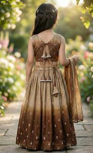 Conjunto de Lehenga Choli para Niños de Shoryam Fashion para Bodas y Fiestas de Diwali |   Blusa sin mangas hasta el suelo con brillo degradado marrón - Product Image 4