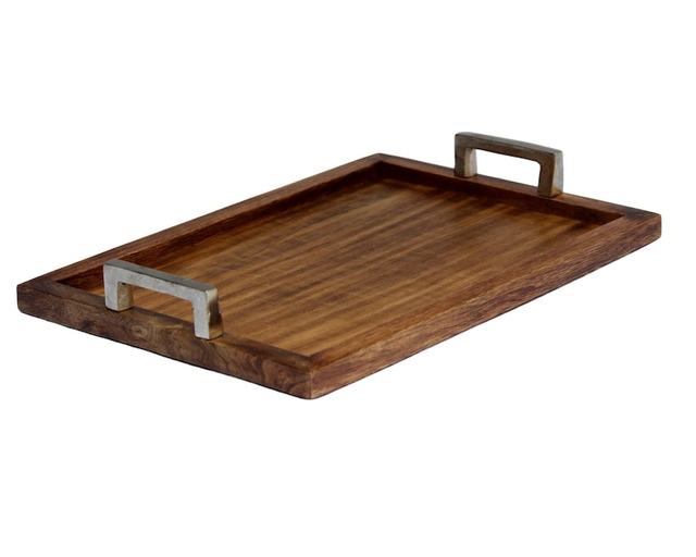 Handmade Wooden Serving Tray with Aluminum Handles: Engraved Rustic Home Decor