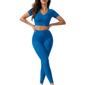Ensemble de vêtements de sport pour femmes, leggings de yoga sans couture à taille haute et haut court à manches longues - Product Image 4