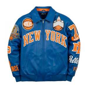 Custom Men's Premium Blue Genuine <b>Leather</b> Eco-Friendly Waterproof <b>Winter</b> Varsity <b>Jacket</b> Embroidery Streetwear Basketball Style - Product Image 1