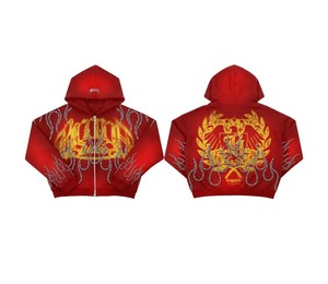 Sudadera con capucha unisex TAHAD 2026 personalizada, de felpa gruesa lavada estilo vintage, con cremallera, color rojo intenso y pedrería. - Product Image 2