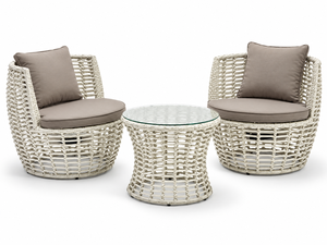 Conjunto de Bistro Moderno para Exteriores de Mimbre Sintético Blanco con Dos Sillones Redondos de Mimbre, Cojines Grises y Mesa de Centro con Tapa de Vidrio para Patio - Product Image 3
