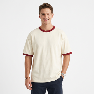 T-shirt tricoté à col rond et manches courtes pour homme, bordeaux, avec bordure contrastante, coupe oversize, écologique, respirant, séchage rapide - Product Image 3
