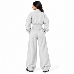 Ensemble de survêtement gris chiné pour femme avec veste zippée, taille sculptée, manches ballon et pantalon large – Fabricant OEM personnalisé en gros - Product Image 2