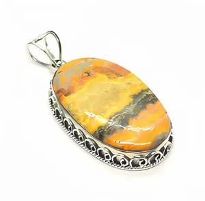 Cautivador colgante de plata de ley con jaspe abeja para el soñador de aventuras, engaste de bisel, solitario ovalado, unisex, clásico, para uso diario. - Product Image 1