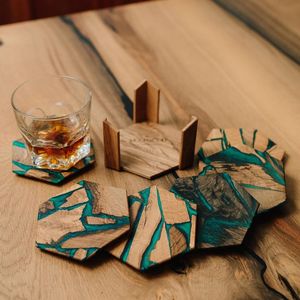 Modern Square Raw Wood Coasters with <b>Resin</b> <b>Top</b> Non Slip <b>Table</b> Mats Set Natural Finish Non Slip Drink Pads Coaster - Product Image 5