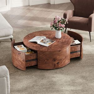 28.4\" Burl Wood 360 Degrees Rotating Top <b>Coffee</b> <b>Table</b> with 2 Drawers <b>Walnut</b> Finish - Product Image 2