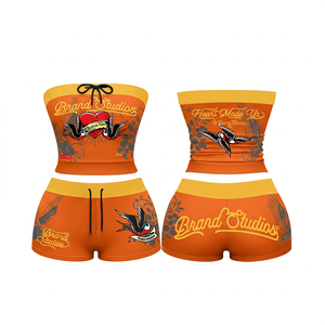 Ensemble short 2 pièces rouge pour femme, motif lettres, haut sans bretelles, short au-dessus du genou, décontracté, coton et polyester, pour printemps et été - Product Image 2