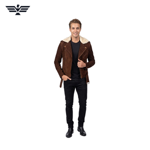 Blouson aviateur homme en cuir véritable marron écologique avec col en fausse fourrure, fermeture éclair, style motard, coupe slim, automne - Product Image 6