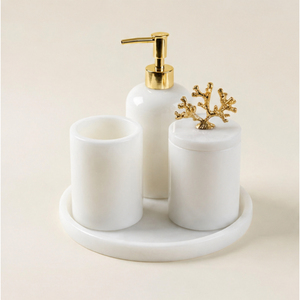 Luxurious 4-Piece Natural White Marble <b>Bathroom</b> <b>Accessory</b> <b>Set</b> with Gold Coral Accents for Modern Hotel And Home Decor - Product Image 3