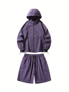 Ensemble veste à capuche et short pour homme, couleur unie, vêtements en polyester tricoté, séchage rapide, tenue décontractée d'été - Product Image 4