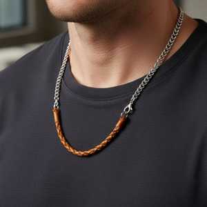 Pure <b>Titanium</b> Steel Link Chain <b>Necklace</b> with Orange-Brown Beaded Rope for Men and Boys-17 Inch - Product Image 1