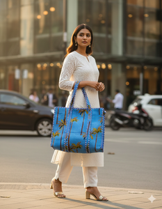 Bolso Tote de Algodón Acolchado con Estampado de Tulipanes Azules, Hecho a Mano, Estampado Étnico Indio, Gran Capacidad, Bolso de Hombro para Mujer - Product Image 2