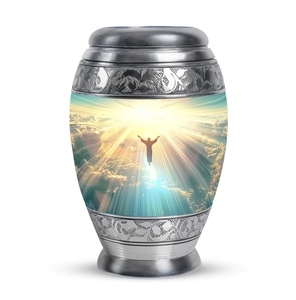 Urne funéraire artisanale en laiton, motif Pêcheur au coucher de soleil sur le lac, grande taille, pour cendres humaines adultes - Product Image 2