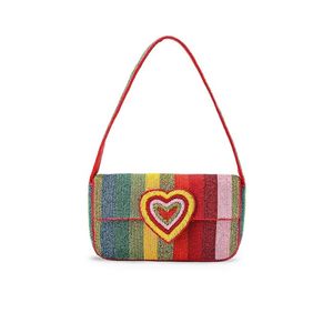 Bolso de Hombro Textil a Rayas Estilo Bohemio de Alta Calidad con Bordado de Corazón y Asa Roja, 7 Pulgadas, Duradero, para Todas las Temporadas, de Poliéster - Product Image 2