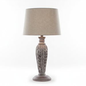 Elegant Classic Table <b>Lamp</b> Featuring Intricate Carving Pattern Base With Soft Neutral Fabric <b>Shade</b> Suitable <b>For</b> Home Hotel Room - Product Image 1