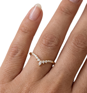 14K Solid Gold Marquise Round Lab Diamond Chevron Diamond Wedding Band Minimalist Curved Stackable Ring Prong Statement Jewelry - Product Image 5