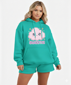 ชุดเซ็ตเสื้อฮู้ดดี้และกางเกงขาสั้นผู้หญิงแบบเซ็กซี่ ผลิตจากผ้าฝ้ายออร์แกนิค 100% แบบสั่งทำพิเศษ คุณภาพสูง ชุดเปล่าสำหรับผู้หญิง - Product Image 1