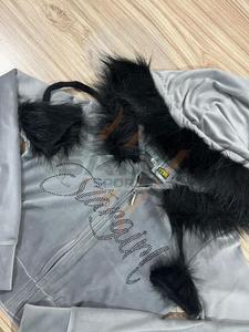 Wholesale <b>Women</b> Rhinestone <b>Velour</b> <b>Tracksuit</b> Zip Up Crop Hoodie With Faux Fur Trim - Product Image 5