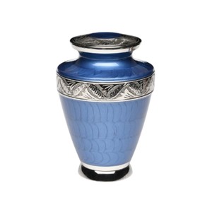 Handcrafted Solid Brass Cremation Urn For Human Ashes Adult Cloud Blue Finish With Intricate Hand Engraved Silver Floral Design - Product Image 2