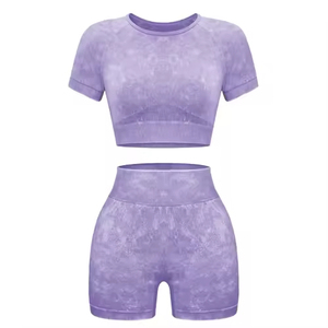ชุดโยคะไร้รอยต่อ 2 ชิ้น เสื้อครอปเอวสูงและกางเกงขาสั้น สีพื้น คอกลม แขนสั้น ผ้าสแปนเด็กซ์ โพลีเอสเตอร์ ชุดกีฬาสำหรับผู้หญิง - Product Image 4