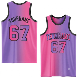 Camiseta de baloncesto sublimable personalizada, degradado morado y rosa, sin mangas, de spandex y algodón, transpirable, de secado rápido, para entrenamiento físico. - Product Image 1
