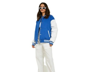 Trendy Women's Varsity <b>Jacket</b> PU Leather Sleeve Letter A Front Turn-down Collar Full Sleeve Autumn Style - Product Image 2