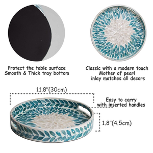 ถาดเสิร์ฟอาหารทรงกลมลายมุกสีเขียวอมฟ้าสวยงาม พร้อมฐานรองแบบออตโตมัน ขายส่ง - Product Image 3