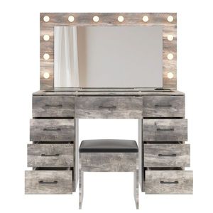 Large Lighted 12 LED Mirror Makeup Vanity Desk Set with 9 Drawers Glass Top Vanity Table with Power Outlet - Product Image 6