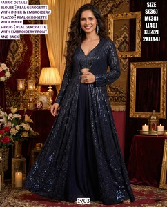 Ensemble trois pièces Noor E Raat en georgette brodée, coupe sirène modeste, longueur ras du sol, taille naturelle, tissu respirant - Product Image 1