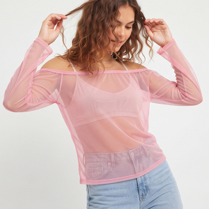 Transparent Mesh Off Shoulder Top For Women Sexy Sheer Off Shoulder Mesh Shirt Tops <b>Ladies</b> 100% Polyester <b>Summer</b> Transparent Top - Product Image 3