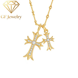 Collier pendentif double croix vintage en or jaune 18 carats avec diamant de laboratoire, chaîne de pull superposable, bijoux fins, cadeau pour hommes et femmes - Product Image 1