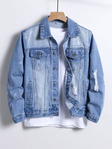 เสื้อแจ็คเก็ตฮู้ดดี้เดนิมฟอกสีสำหรับผู้ชาย แขนเสื้อตัดสี กระดุมหน้า มีกระเป๋า สไตล์ลำลองแนวสตรีทแวร์ สำหรับฤดูใบไม้ร่วง - Product Image 3