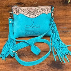 Venta caliente de las mujeres de estilo bohemio occidental a mano Tooled turquesa gamuza patrón Floral cremallera bandolera monedero inscripción Logo - Product Image 2