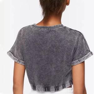 Camiseta Corta a Rayas para Mujer, Color Gris Lavado, 100% Algodón, Cuello Redondo, Manga Corta, Corte Holgado, Informal, Ecológica, Primavera Verano - Product Image 3