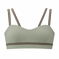 Soutien-gorge de sport personnalisé en gros, en nylon et élasthanne, couleur sauge, maintien moyen, bretelles spaghetti, rayures contrastées, pour le yoga et les activités sportives