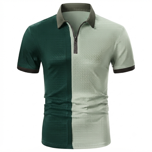 <b>Men's</b> Color Blocked <b>Short</b> Sleeve Zipper for Shirt Knitted Sporty Style Quick Dry Regular Length Green Gray 100% Cotton <b>Pocket</b> - Product Image 1