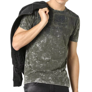 Men's Washed Cotton <b>Patchwork</b> T-<b>Shirt</b> Short Sleeve O-Neck Regular Fit Casual Style Green - Product Image 1