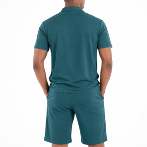 Men's Teal Polo Shirt And Shorts <b>Set</b> Quarter Zip Solid <b>Knitted</b> Breathable Casual Summer Outfit - Product Image 3